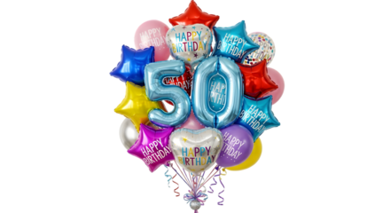 Colorful birthday balloons and celebration decor — balloons bouquet, confetti splash, and milestone milestone-themed designs