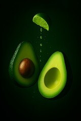 Avocado Halves Hovering with Falling Lime Juice Drops