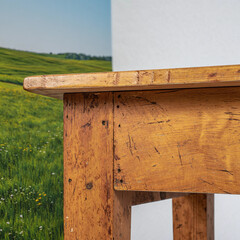 farm wood table with green field background, natural sunlight