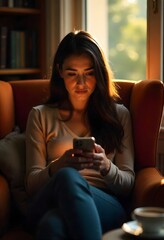 Obraz premium Relaxed woman engrossed in her smartphone, bathed in warm afternoon light, finding comfort and connection in a cozy armchair with books nearby.
