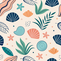 Soft Colored Tropical Beach Pattern with Seashells Keywords: seamless pattern, tropical, beach