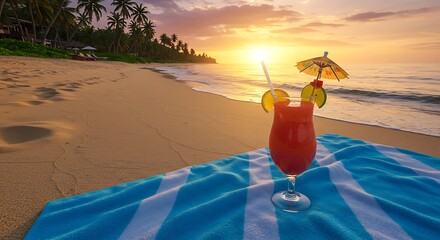 Sunset cocktail on tropical beach towel