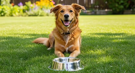 Happy golden retriever dog lying on green grass in the backyard with a shiny metal food bowl in front. The pet looks cheerful and healthy,