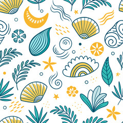 Tropical Summer Pattern with Seashells and Leaves Keywords: summer, pattern, tropical, beach