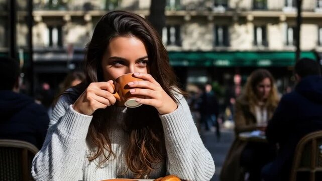 Parisian Cafe: Woman Enjoys Coffee, Smiling, Relaxing, Sunny Day