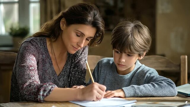 A teacher helps a boy write, the supportive scene illuminated by gentle light. Teacher, boy, with copy space