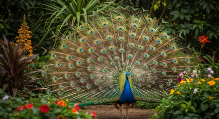 Obraz premium Majestic peacock proudly displays its iridescent, eye-spotted train amidst lush botanical garden foliage and vibrant blooming flowers