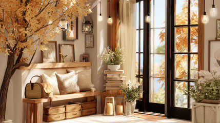 Cozy autumn living room with warm lighting, natural wood elements, potted plants, and golden leaves outside the windows