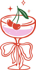 Hand drawn cocktail glass with cherry and coquette bow - Christmas cocktail party drawings series 