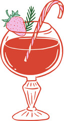 Hand drawn cocktail glass with candy cane an strawberry - Christmas cocktail party drawings series 
