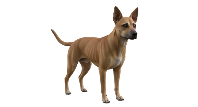 Isolated slender light brown dog standing looking forward intently animal companion posture