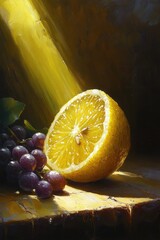 Half lemon and grapes bathed in golden light
