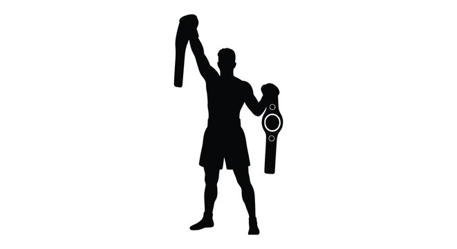 black boxer silhouette holding belt and gloves clip art preview