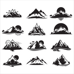 Mountain Silhouette Logo Set With Sun And Trees