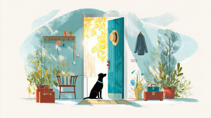 Illustration of a black dog sitting at an open door, surrounded by plants, a chair, and various bags in a welcoming home setting
