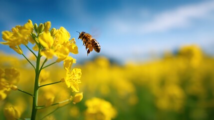 Obraz premium Honey Bee Pollinating Yellow Rapeseed Flowers - Natural Ecology Macro Photography Material