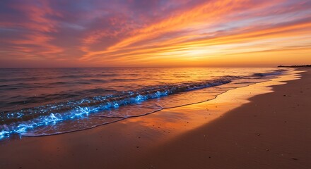 Sunset beach bioluminescent waves