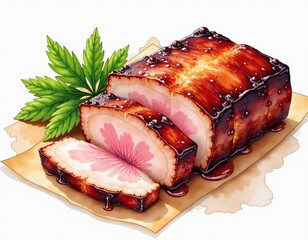 Illustrative Glazed Pork with Floral Pattern and Cannabis Leaf Garnish