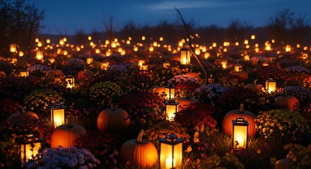 Grave Decorations with Lanterns and Pumpkins at Dusk.