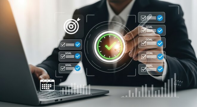 Time Management and Productivity Planning - Businessman Working on a Laptop with Clock, Checklist, and Calendar, Symbolizing Business Planning and Task Management