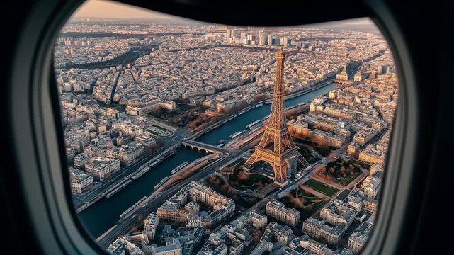 Paris Eiffel Tower View From Plane Window.
