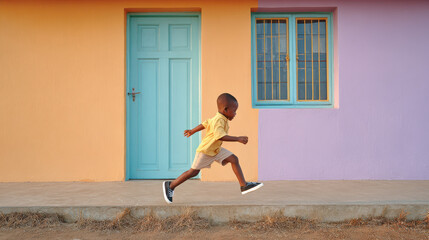 Young boy joyfully running on the sidewalk in front of colorful residential house with blue door and purple wall