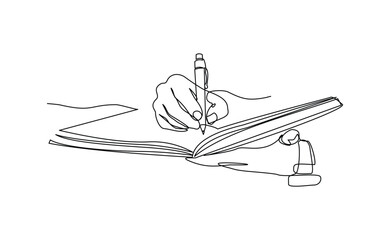 Continuous line drawing of hand writing on book paper with pen. Editable stroke sketch drawing vector illustration.