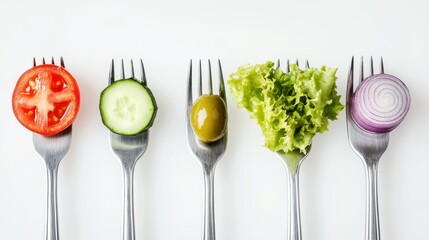 Healthy food ingredients arranged on forks for salad concept