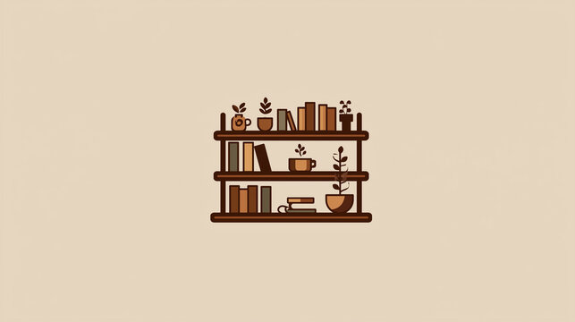 Minimalist bookshelf logo, vector art, flat background, simple clean lines, cozy home style