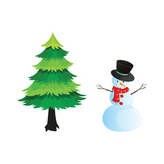 Pine Tree with Snowman in Winter Season