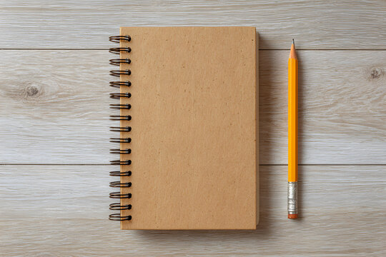 Brown spiral notebook and yellow pencil on wooden table