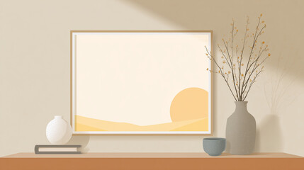 Minimalist picture frame logo, vector art, flat background, simple rectangular outline, cozy wall decor