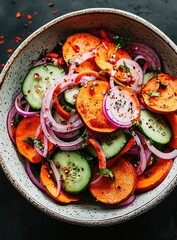 Vibrant salad sweet potato, cucumber, red onion mix