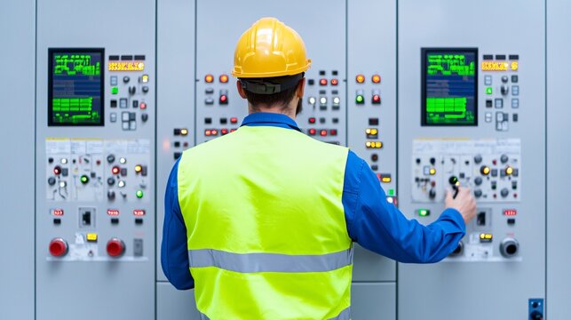 Medium shot of engineer inspecting control panels at Hydrogen Infrastructure electrolyzer plant.