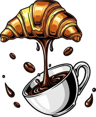 Vector Illustration of Surreal Croissant Pouring Chocolate into Coffee Cup