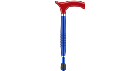 Isolated assistive medical walking cane red handle blue shaft for seniors elderly people