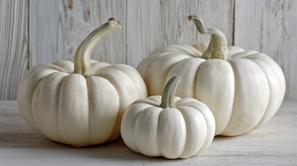 A Beautiful Arrangement of White Pumpkins Showcasing Their Unique Shapes and Textures Against a Rustic Wooden Background