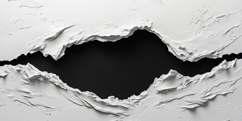 Large torn hole in cracked white textured surface with dark empty background