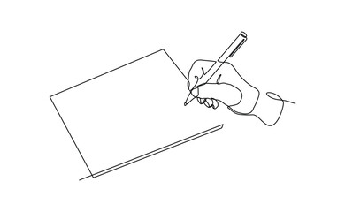 Continuous line drawing of hand writing on book paper with pen. Editable stroke sketch drawing vector illustration.
