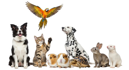 Isolated Group of diverse pets sitting together looking at the camera, companion animals © Johanna