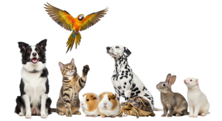 Isolated Group of diverse pets sitting together looking at the camera, companion animals