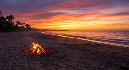 Sunset beach campfire