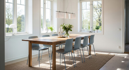Fototapeta premium Bright, modern dining room with natural light flooding through large windows, showcasing a wooden table and chairs set for elegant gatherings.