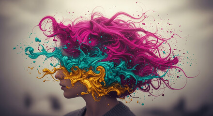 Vibrant mind explosion of colorful paint swirls and strands erupting from a profile view of a woman's head, symbolizing creativity and abstract thought.