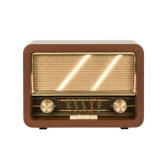 Classic wooden tabletop radio with a retro design featuring gold knobs and a woven speaker grille.
