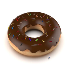 Chocolate donut decorated with colorful sprinkles isolated on white background. Flat lay
