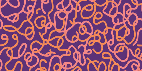 Colorful abstract seamless pattern with tangled squiggly lines in pink and orange on a vibrant purple background, perfect for modern design