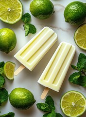 Lime popsicles & mint on marble vibrant, refreshing treat