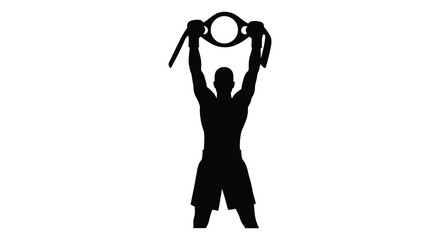 Man triumphantly raising a circular object above his head silhouette