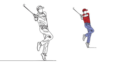 Minimalist line drawing of a golfer swinging a golf club. Perfect for sports, golf lifestyle, fitness, leisure, competition, and professional athlete concepts.